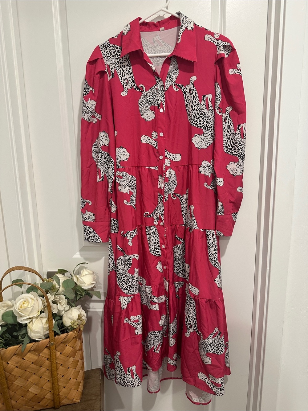 Hot Pink Leopard Print Button-Front Maxi Dress